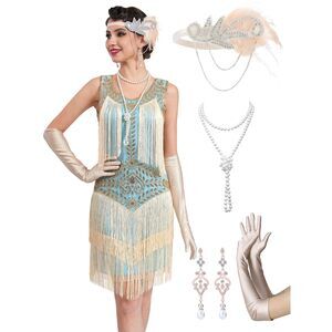 6664 1920s Flapper Dresses For Women,lace V Neck Great Gatsby